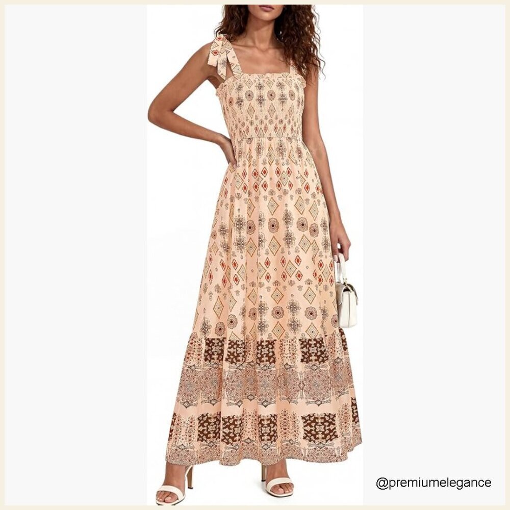 Women's Maxi Dress with Tie Straps Smocked Waist Pockets Summer Boho